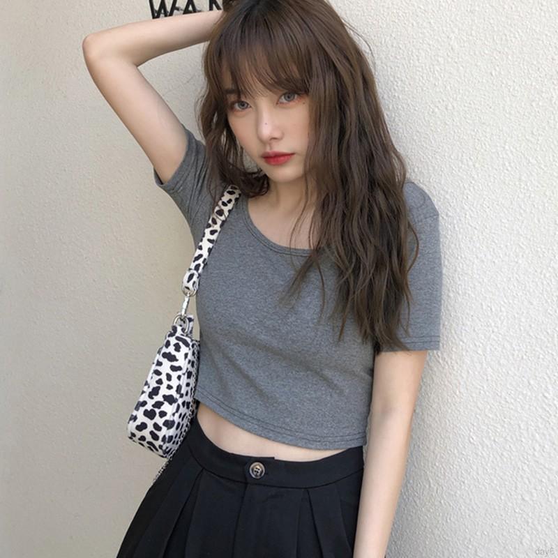 Áo Thun Nữ Tay Ngắn Màu Trơn Đơn Giản Phong Cách Hàn Quốc