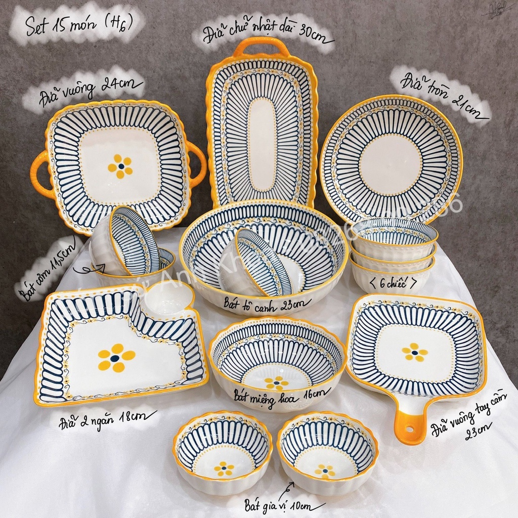 Bộ Bát Đĩa sứ Decor Chén Dĩa Sứ Dễ Thương Cute Cao Cấp  sét thổ cẩm 15 món sanh chảnh H66 trang trí món ăn cho gia đình.