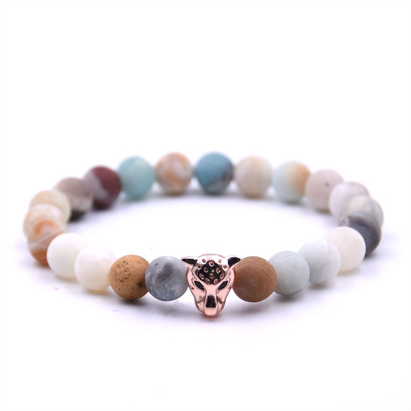 Mới Micro Pave CZ Leopard Head Vòng Tay Quyến Rũ Vòng Tay đá Tự Nhiên Amazonite Frosted Vòng Tay & Lắc Tay Đồ Trang Sức Cho Nam Giới