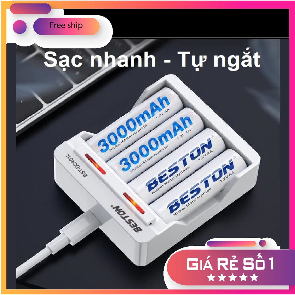 Bộ Sạc Pin AA, AAA DC401L Beston Tự ngắt khi đầy Sạc Tốc Độ Cao Có Led báo trạng thái sạc Kèm pin sạc