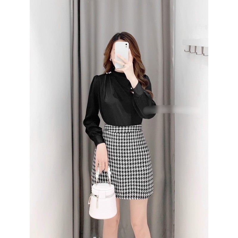 ÁO SƠ MI NỮ CỔ CHÉO ĐÍNH NGỌC DÀI TAY | BigBuy360 - bigbuy360.vn