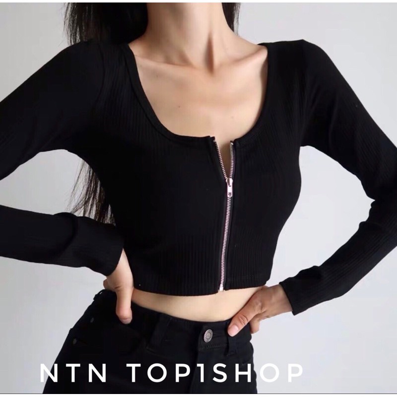 [Mã 44FASHIONSALE196 giảm 10K đơn 50K] Áo Croptop Dây Kéo Tay Dài ôm body (ap)