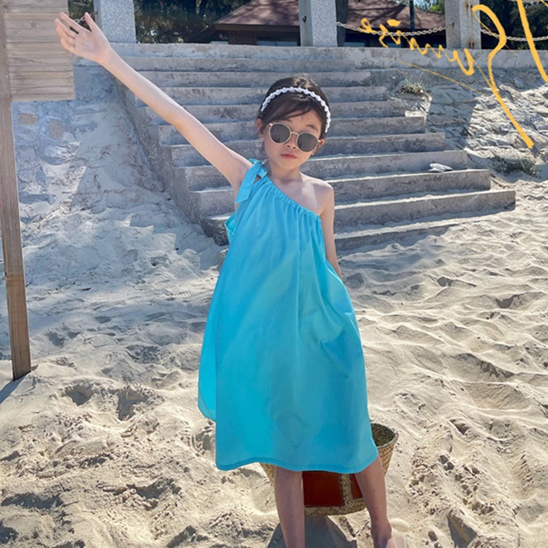 Đầm Hai Dây Trễ Vai Màu Sắc Trơn Thời Trang Mùa Hè Hàn Quốc Cho Bé Gái Se7en