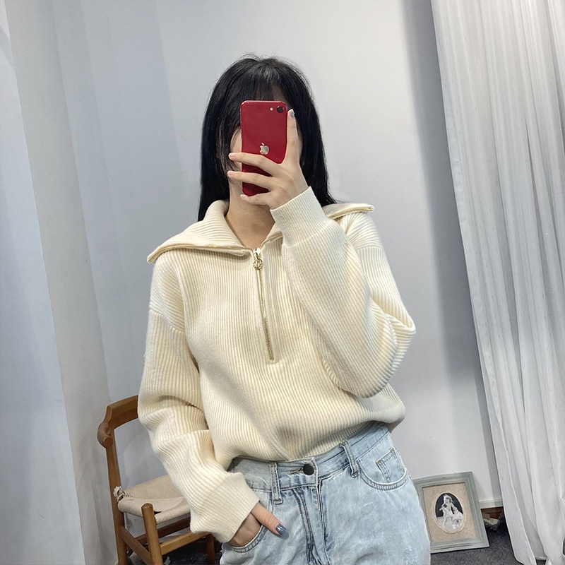 FVOO Maje 2022 spot French autumn and winter new women's clothing design sense half zipper large lapel sweater loose sweater