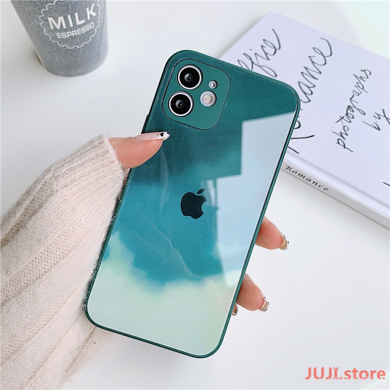 Original New Liquid Silicone Tempered Glass Watercolor iPhone 12 11 Pro Max X XS 7 8 Plus Max Official Phone Case All-inclusive Lens Protection 9H Hard Anti-drop Back Cover