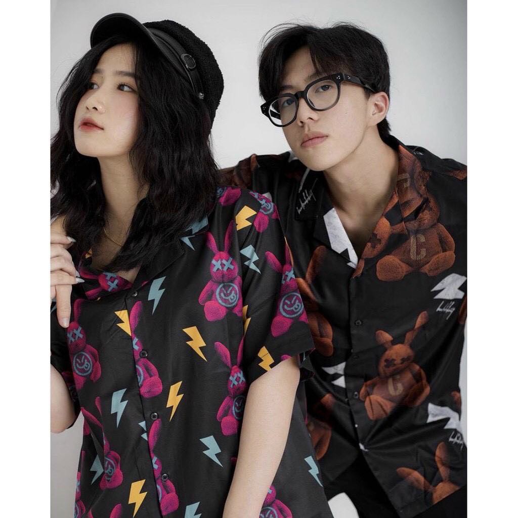 Áo sơ mi lụa nam nữ form rộng tay lở in họa tiết chú gấu cực dễ thương, chất lụa mềm mịn, thoáng mát