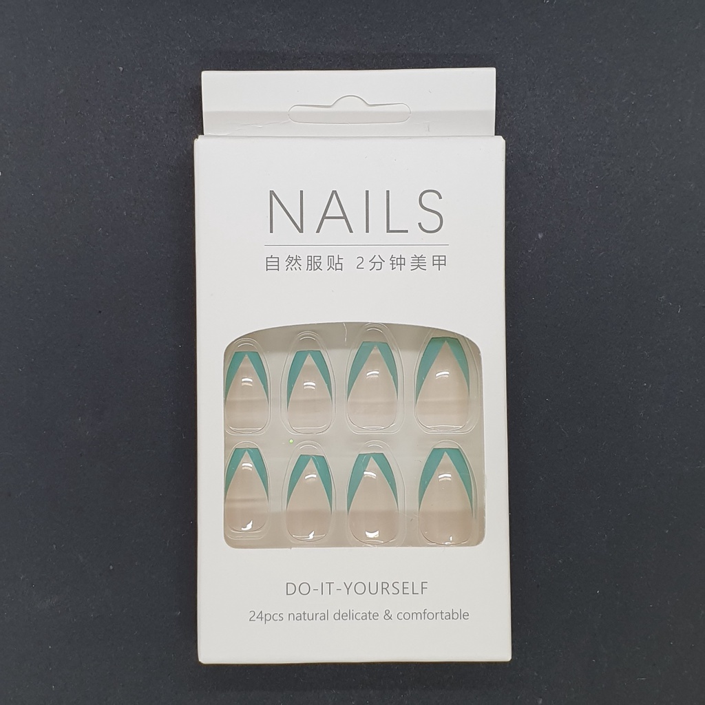 Bộ 24 móng tay giả trong suốt viền xanh dương  SẴN KEO DÁN