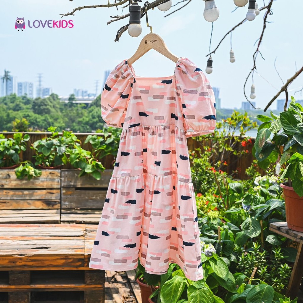 Váy bé gái Cotton hữu cơ cao cấp tay bồng Phiên bản giới hạn váy cho bé từ 6-12 tuổi LOVEKIDS