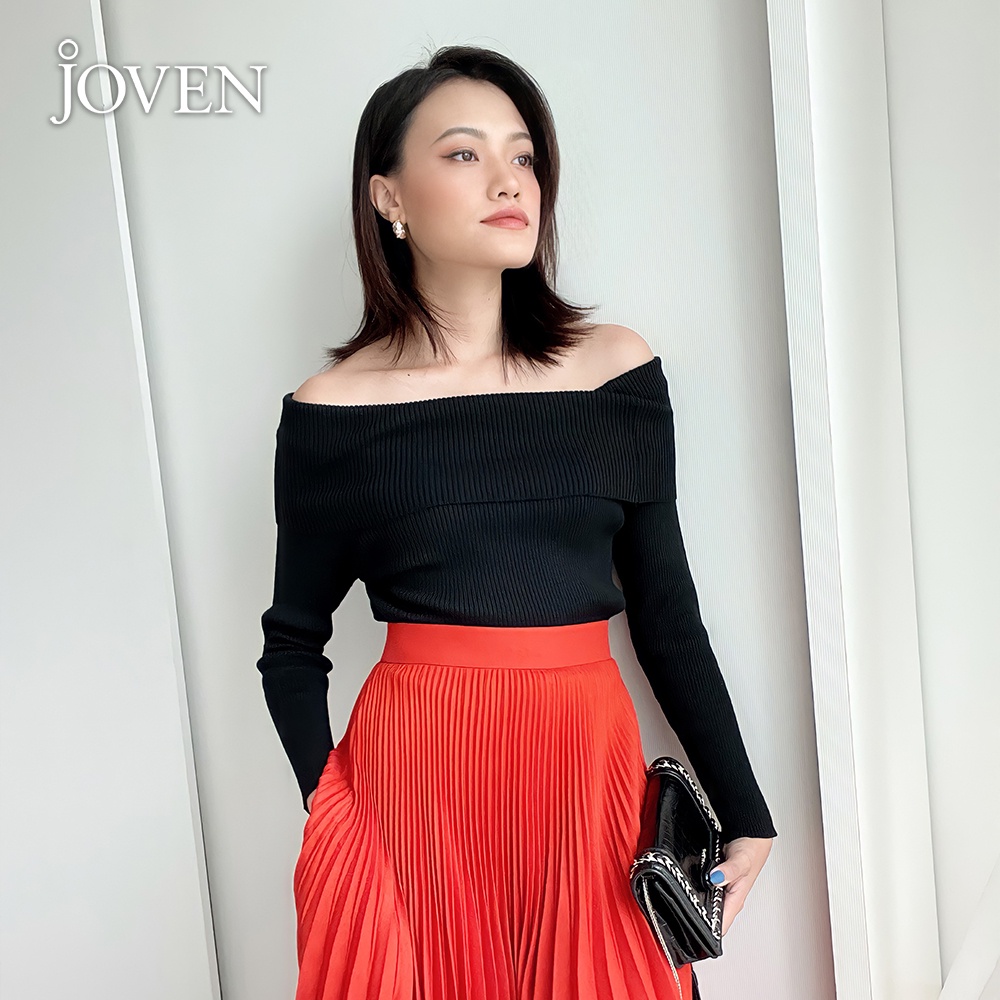 JOVEN - Áo dệt kim tay dài cổ trẹt vai Kem/ Đỏ/ Đen