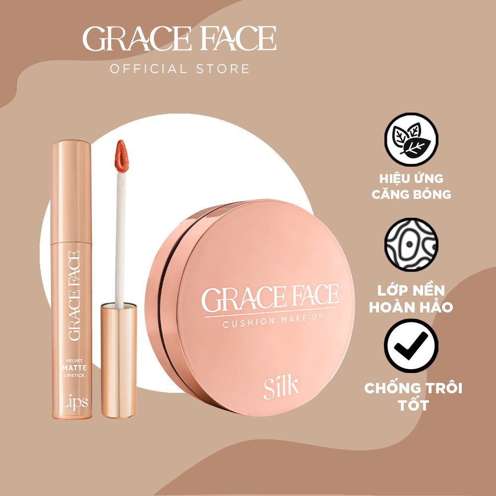Combo Son kem lì Grace Face Velvet Matte Lipstick 4ml và Phấn nước kiềm dầu Silk Cushion Makeup SPF 40+ PA +++ 15g