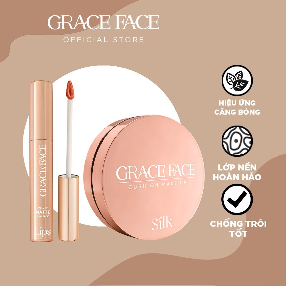 Combo Son Kem Lì Grace Face Velvet Matte Lipstick 4Ml Và Phấn Nước Kiềm Dầu Silk Cushion Makeup Spf 40+ Pa +++ 15G