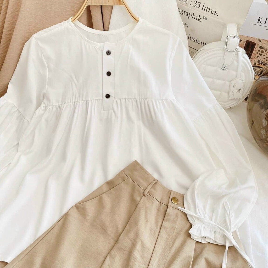 SET bộ nữ áo sơ mi trắng tay nơ bánh bèo phối quần short đùi kaki hàng đẹp