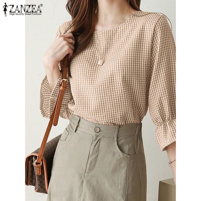 Áo Zanzea cổ tròn tay 3/4 in họa tiết caro thời trang Hàn Quốc thanh lịch