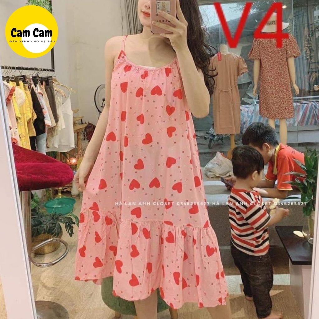 Váy ngủ FREESHIP Đồ bầu mặc nhà DB1013, hai dây đơn giản, chất lanh thoáng mát, họa tiết dễ thương cực xinh