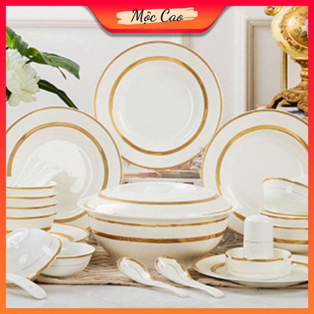 Bộ bát đĩa sứ xương cao cấp 28 món màu trắng viền vàng – Bát dĩa decor, quà tặng tân gia sang trọng