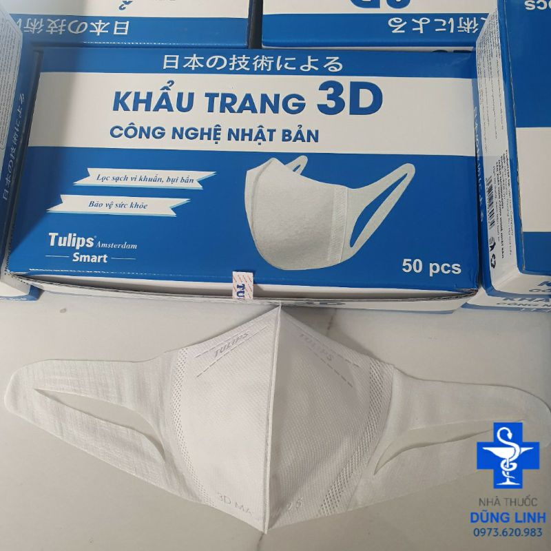 Khẩu trang(mặt nạ) 3d Tulips người lớn công nghệ nhật, quai xé k đau tai, hộp 50 cái