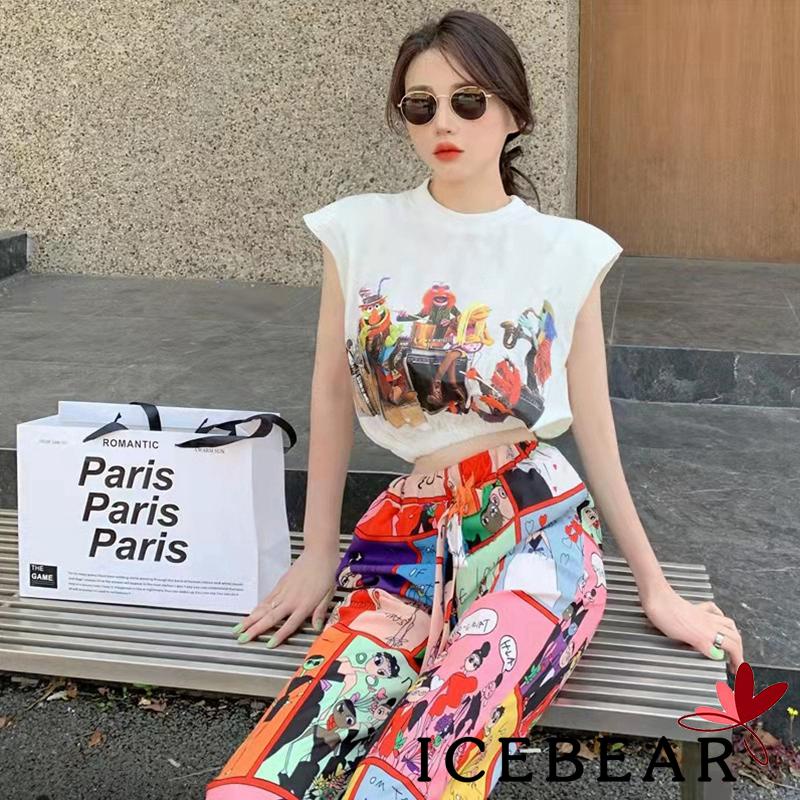 Set Áo Croptop Không Tay + Quần Dài Ống Rộng Họa Tiết Graffiti Cho Nữ