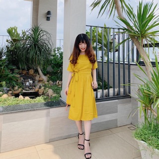 [Ảnh thật] Đầm vàng đắp chéo cột nơ eo dễ thương ulzzang