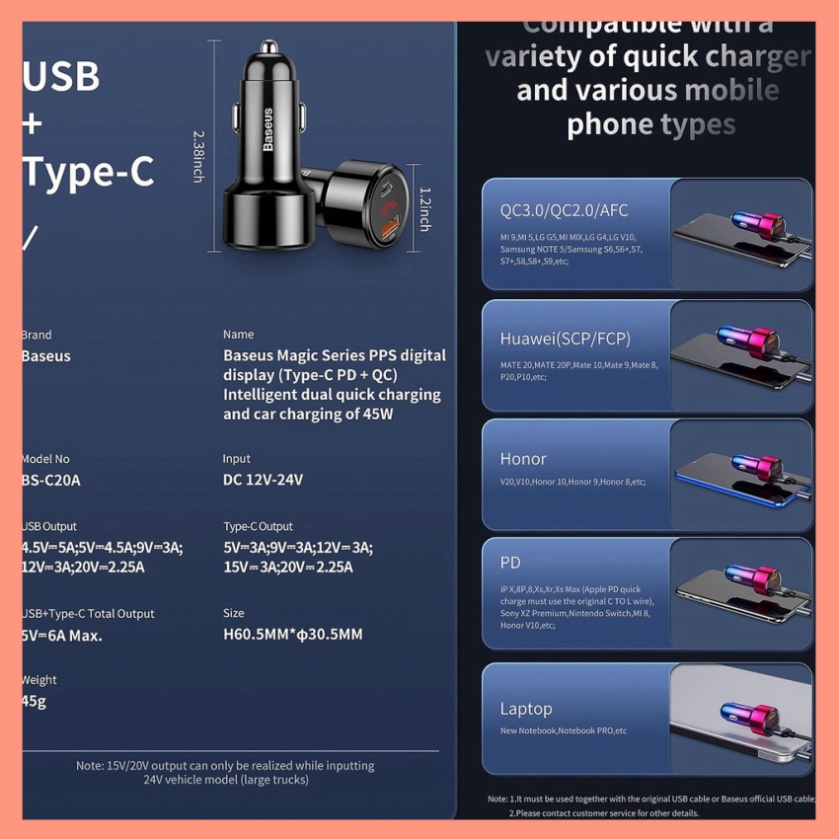 Tẩu Sạc Nhanh Ô Tô Xe Hơi Baseus Small Screw Dual-USB (45W, Quick Charge 3.0, 2 Ports USB hoặc USB + Type-C)