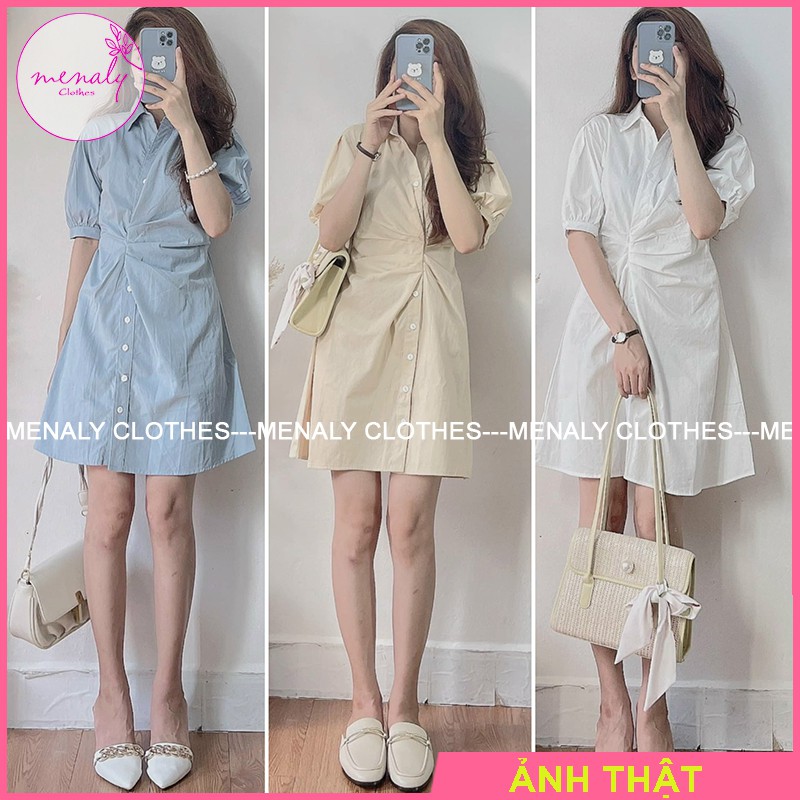 Váy sơ mi thắt eo tay bồng VH056, mẫu váy nhún eo sơ mi dáng ngắn ôm dáng thanh lịch nhẹ nhàng, 3 màu | BigBuy360 - bigbuy360.vn
