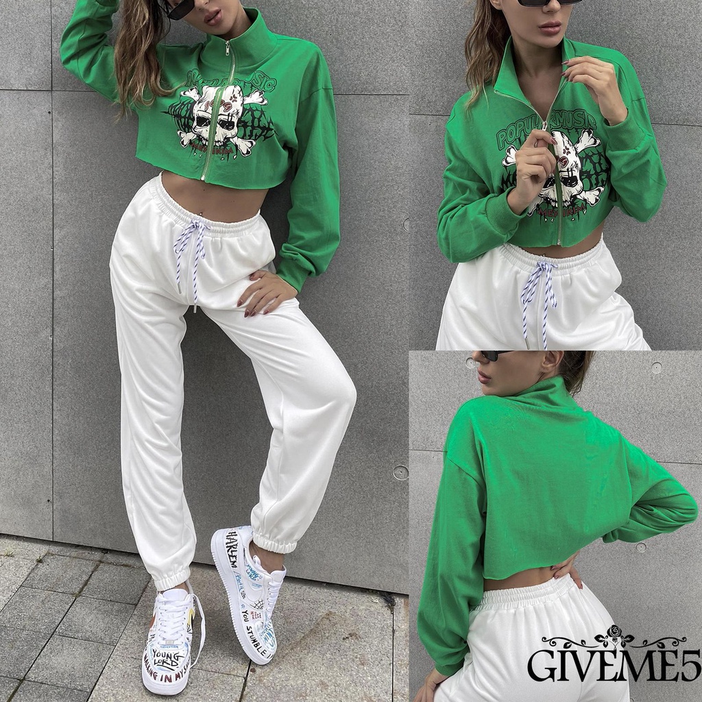 Áo Croptop Tay Dài In Hình Đầu Lâu Sáng Tạo Có Khóa Kéo Cho Nữ