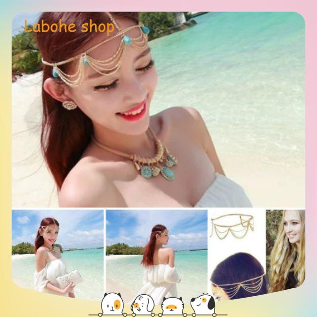 Dây chuyền đội đầu (Headchain) nhiều tầng đính hạt phong cách Boho