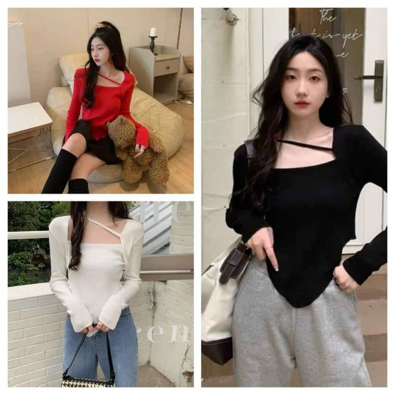 Áo len vạt nhọn dây chéo cổ hàng QC