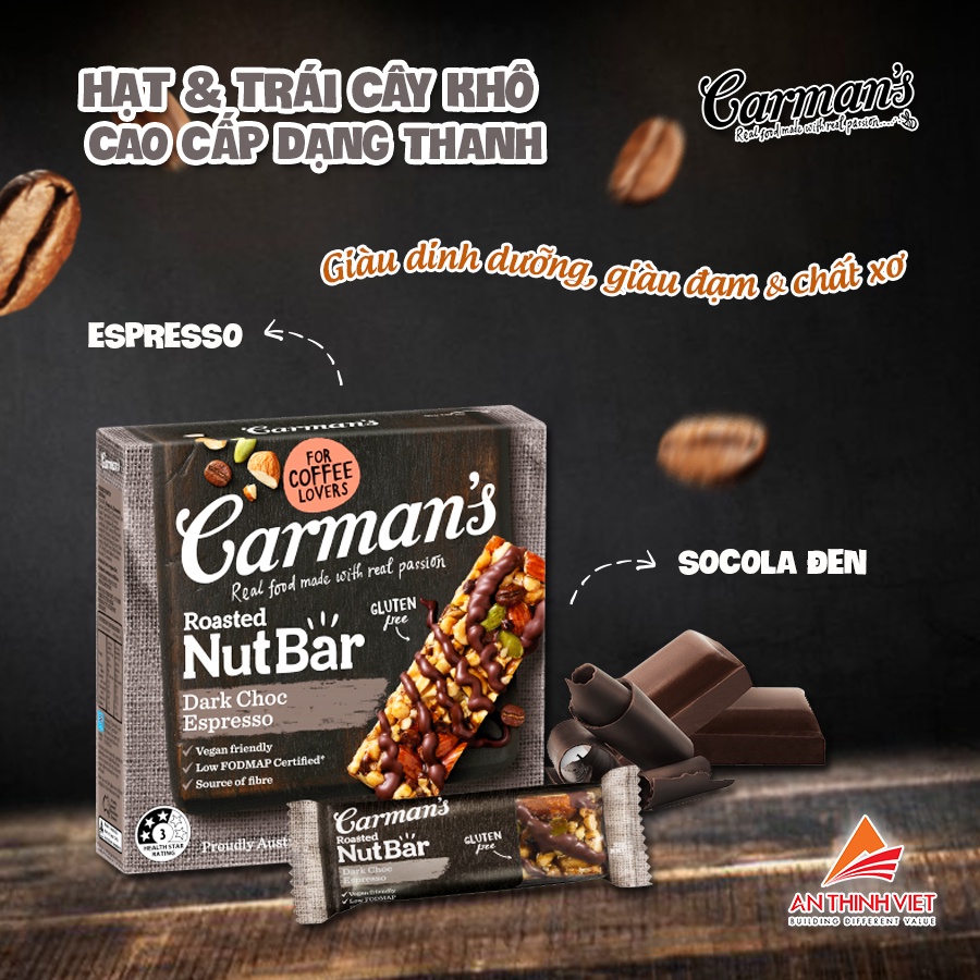 Thanh Dinh Dưỡng Carman's Không Gluten Vị Socola Đen &amp; Espresso - Nut Bars Dark Choc Espresso Hộp 5×32g