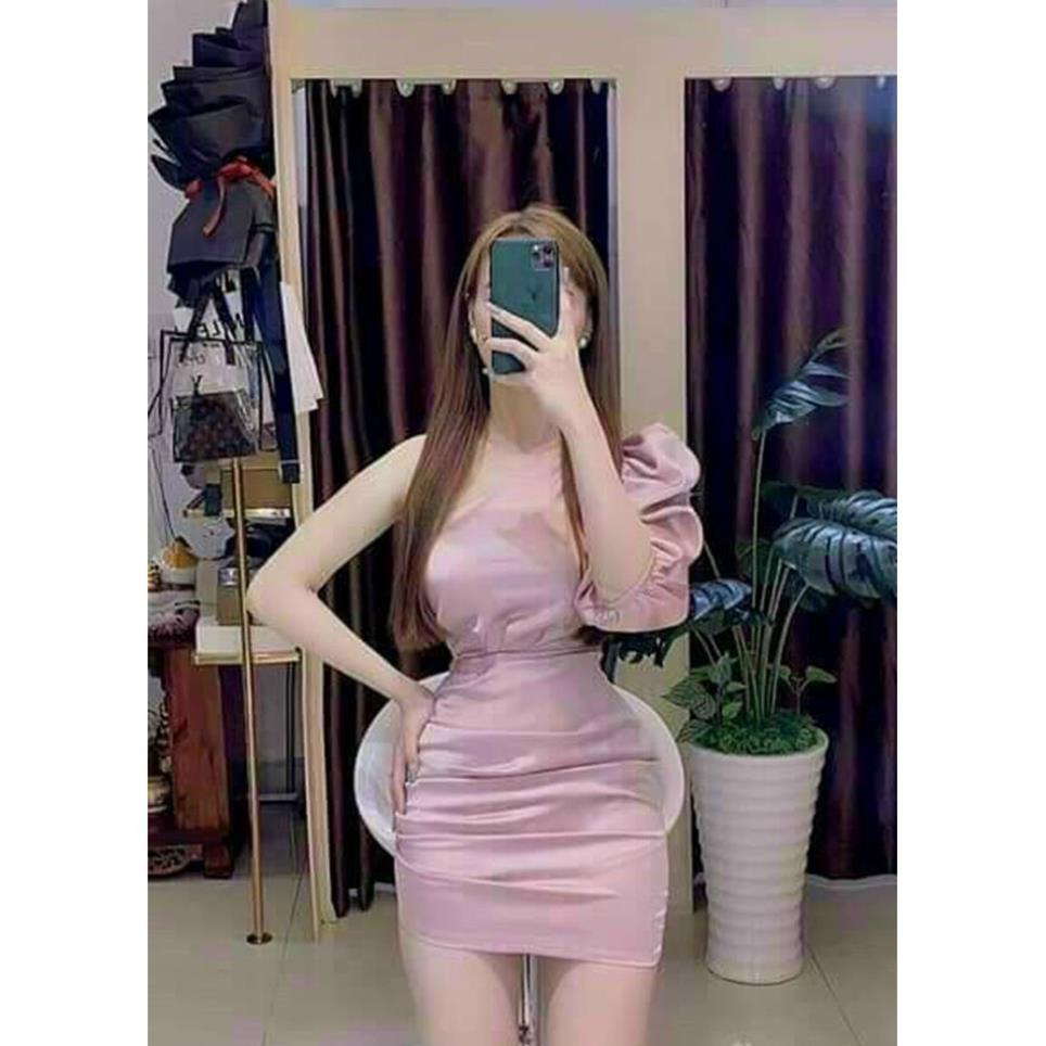 TSL-Đầm Ôm bodu nhún 1 Vai Tay Phồng Có Mút, váy ôm tôn dán lệch vay trắng đen hồng nude