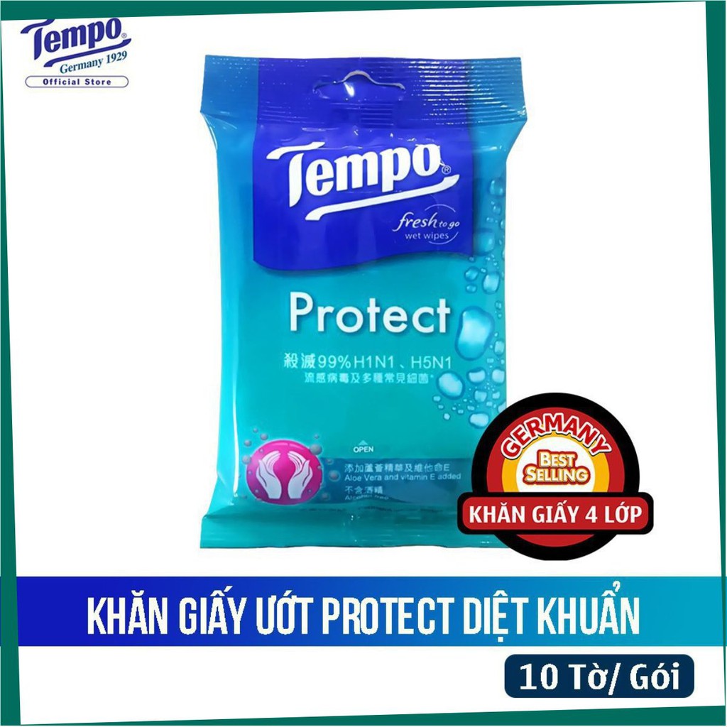 Khăn Giấy Ướt Diệt Khuẩn Protect TEMPO   - Túi 10 Tờ