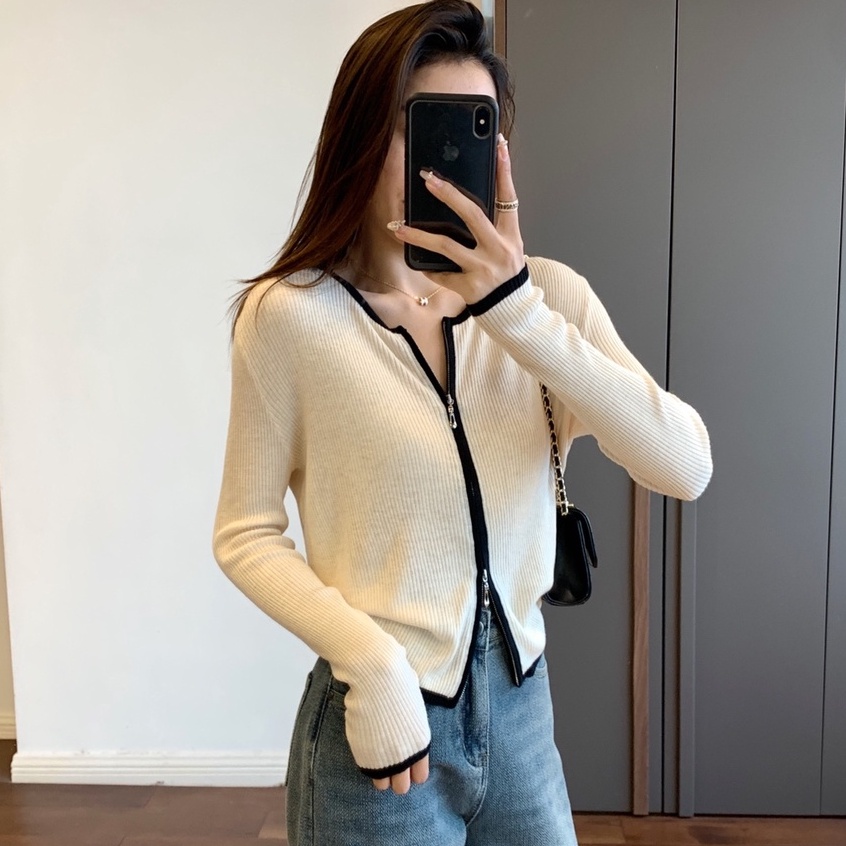 Áo Khoác Cardigan Dệt Kim Cổ Tròn Dáng Ôm Phối Khóa Kéo Đôi Thời Trang Mùa Thu Hàng Mới