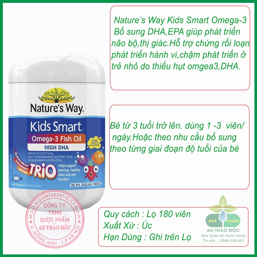  Natures Way Kids Smart Omega-3 Fish Oil.Bổ Sung DHA,EPA Phát Triển Trí Não,Mắt.Lọ 180v