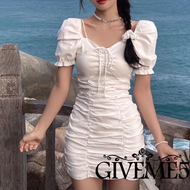 Đầm Mini Tay Phồng Màu Trơn Phối Dây Rút Thời Trang Mùa Hè Quyến Rũ Cho Nữ