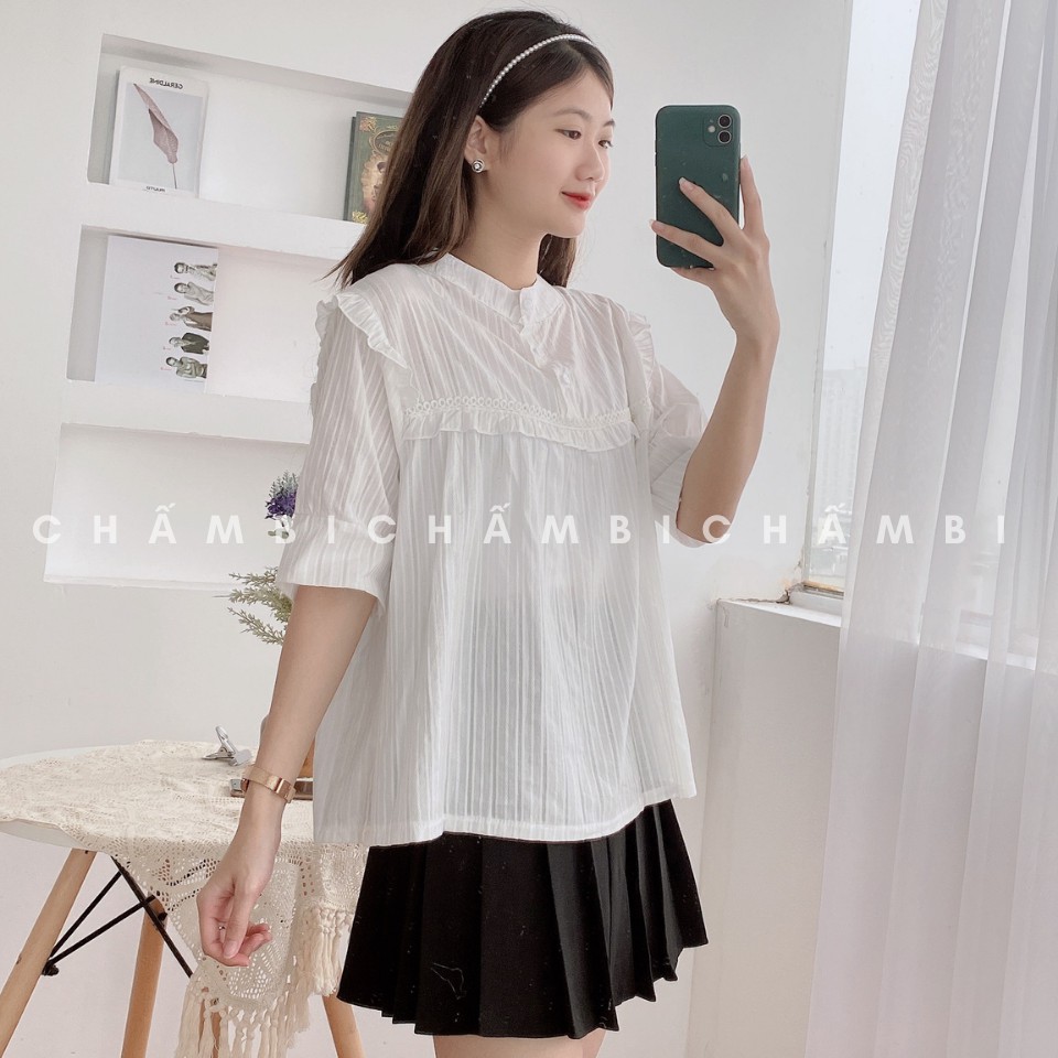 Áo Kiểu Cộc Tay Cổ Tàu Ba Cúc Ngực Viền Bèo Dáng Babydoll Siêu Đáng Yêu Freesize<52Kg -  A.185 | BigBuy360 - bigbuy360.vn