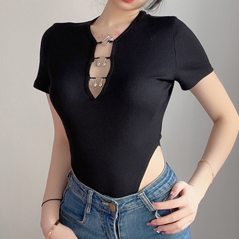 Bộ Áo Liền Quần Dệt Kim Tay Ngắn Cổ Tròn Màu Đen Cài Khóa Trước Thời Trang Mùa Hè Cho Nữ | BigBuy360 - bigbuy360.vn
