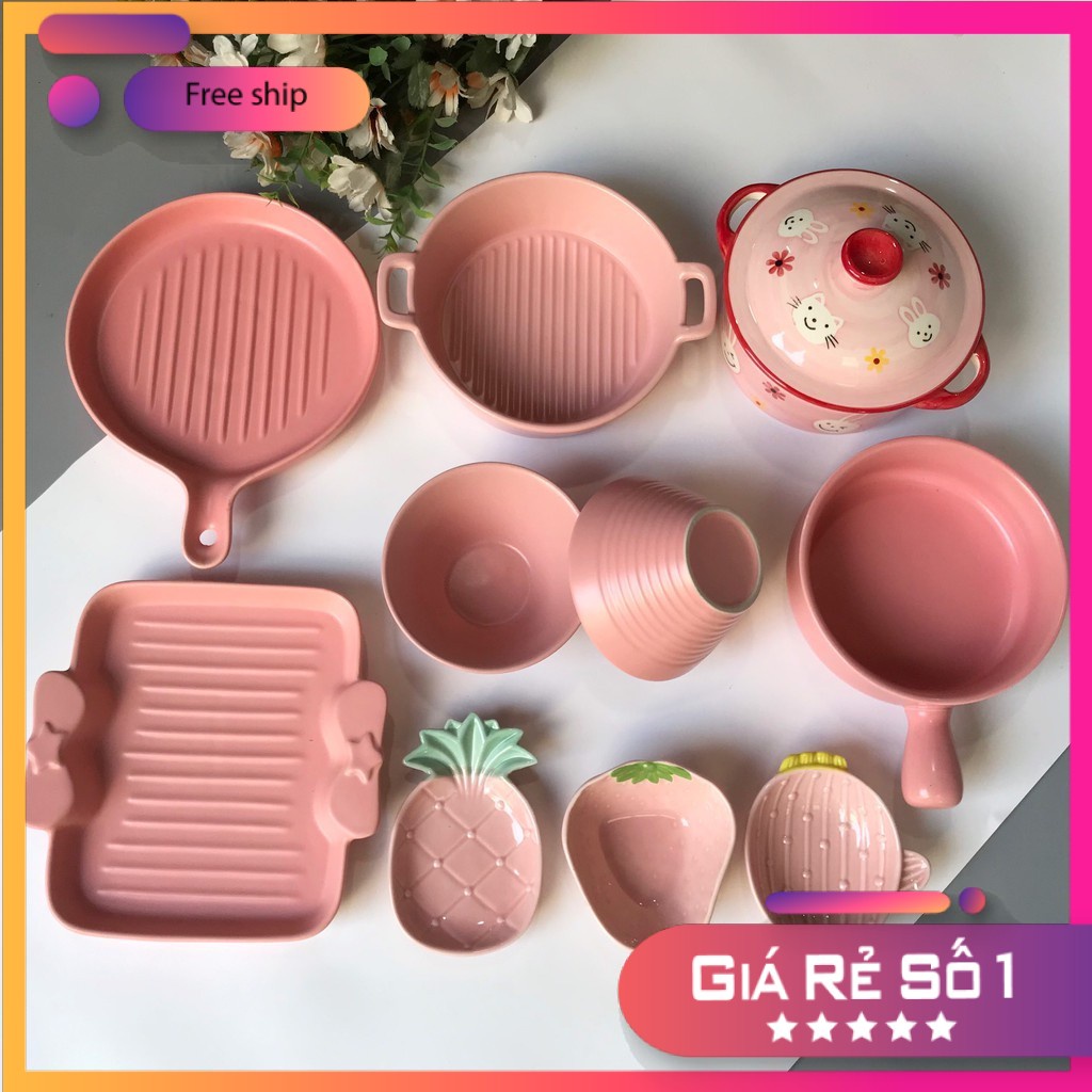 Chén Dĩa Dễ Thương Đĩa Sứ Set Bát Đĩa Decor Bát Ăn Cơm Chén Sứ Mầu Hồng Đẹp S15