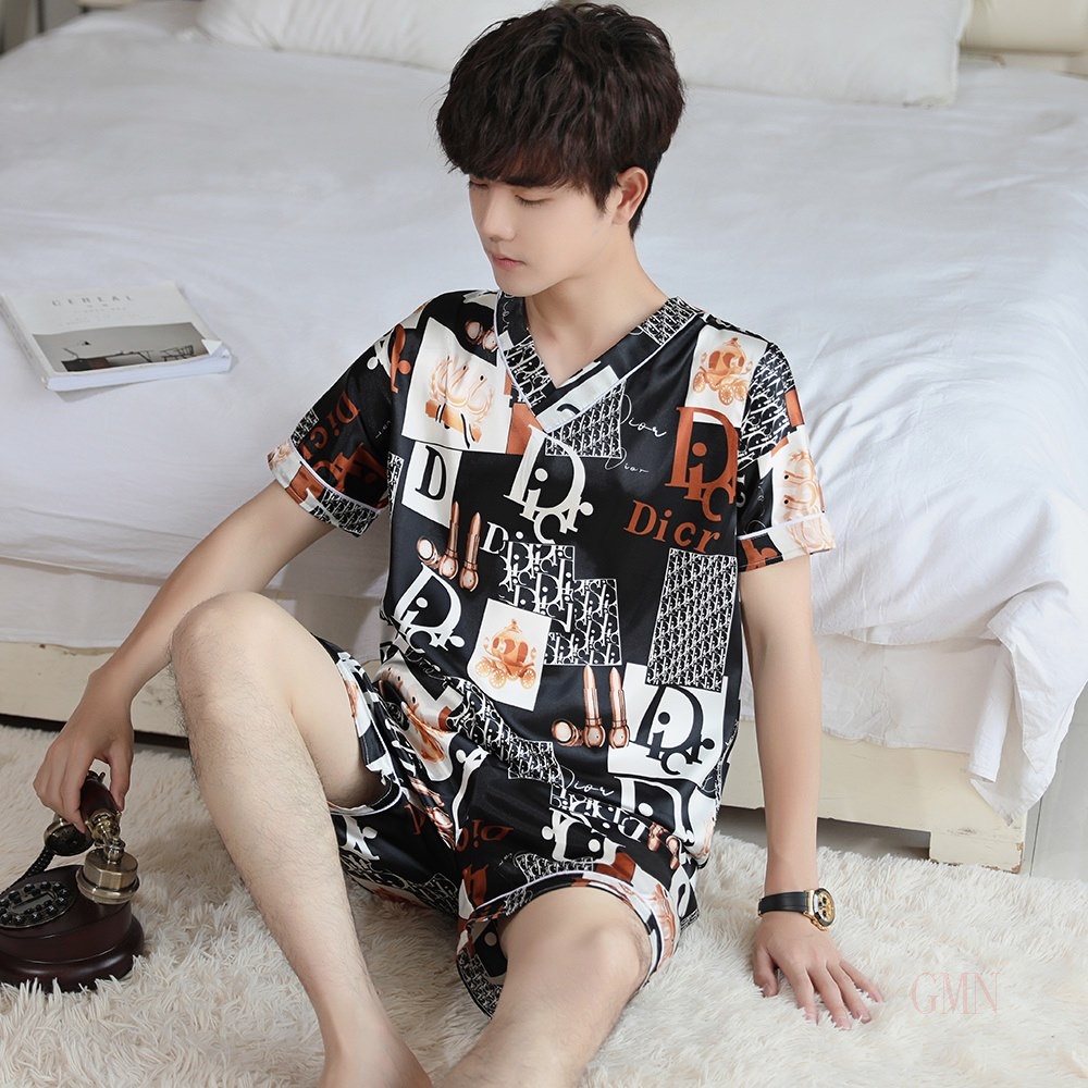 Set đồ ngủ giả lụa lạnh cổ chữ V in họa tiết hoạt hình thời trang mùa hè dành cho nam 2022