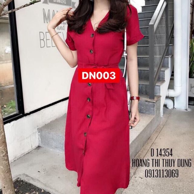 Đầm sơ mi nút cột eo
