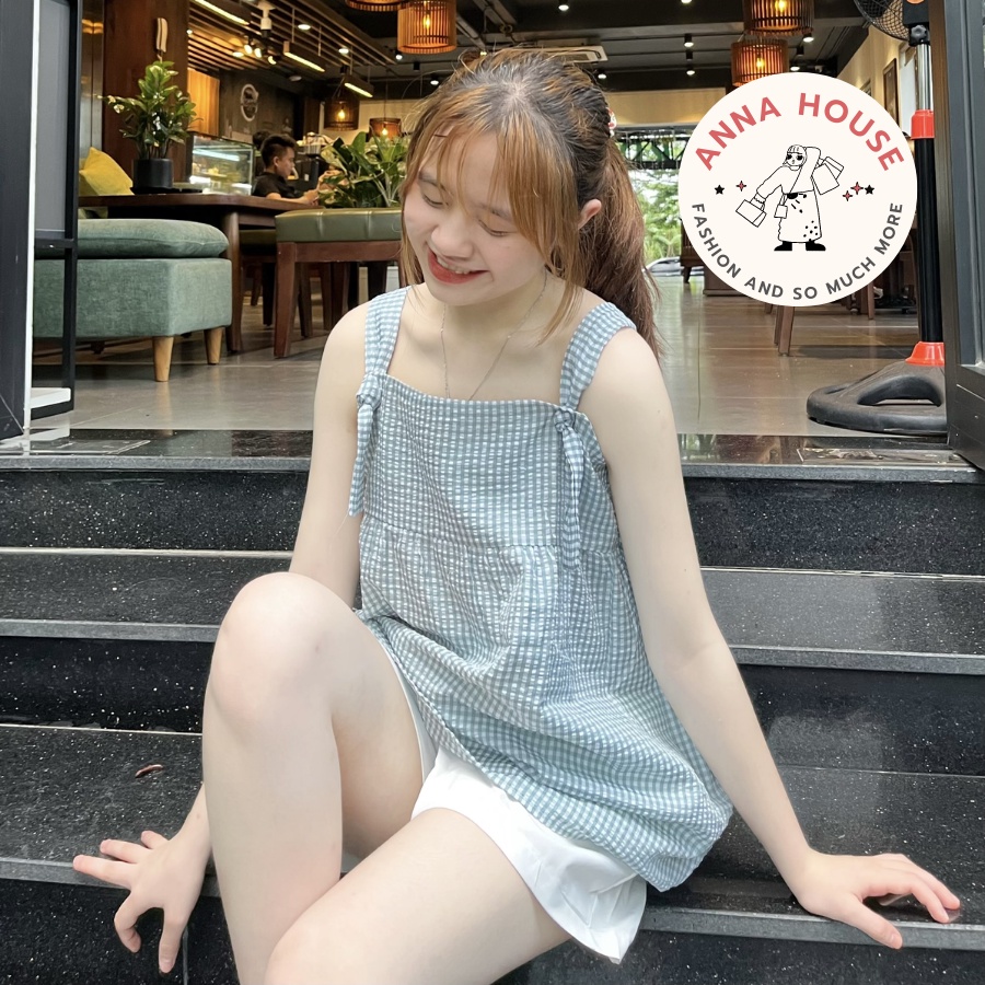 Set đồ nữ áo 2 dây kẻ caro buộc nơ vai kèm quần đùi ngắn, bộ đồ nữ Áo 2 dây babydoll và quần short nữ chất đũi xốp