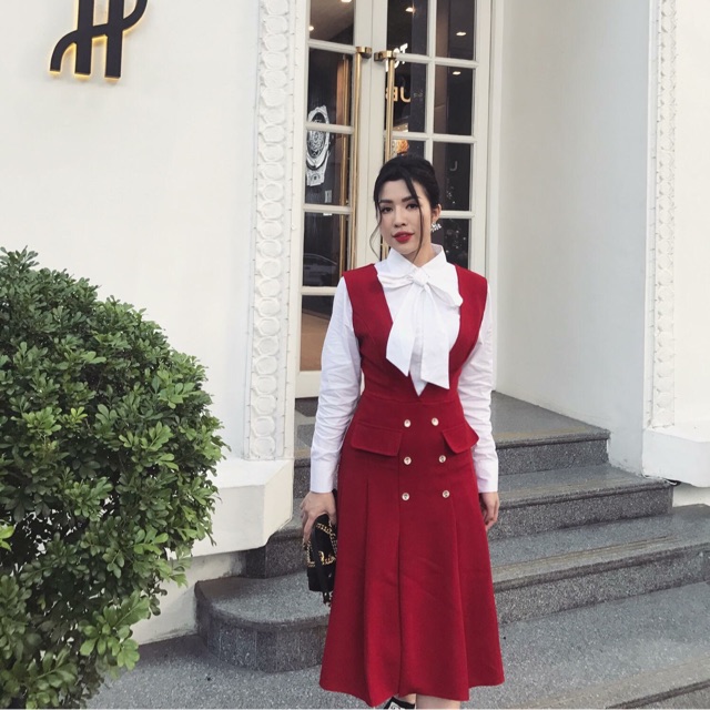 Set áo sơ mi cổ buộc nơ + váy yếm xếp ly siêu xinhhh