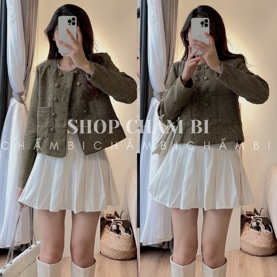 Áo Khoác Dạ Tweed Nữ A.363, Áo Khoác Kiểu Cổ Tròn Túi Hộp Hai Hàng Cúc Cách Điệu Song Song - Thời Trang Nữ Chấm Bi