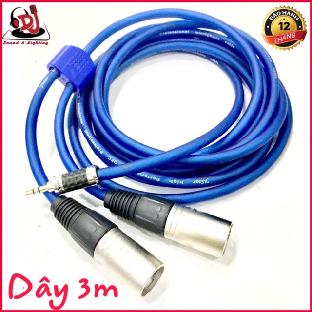 Dây Jack 3.5 ly ra 2 đầu Jack canon đực dài 3 mét Jack 3.5mm sang Jack canon XLR, 	jack 3.5 ra 2 đầu, jack canon đực cái