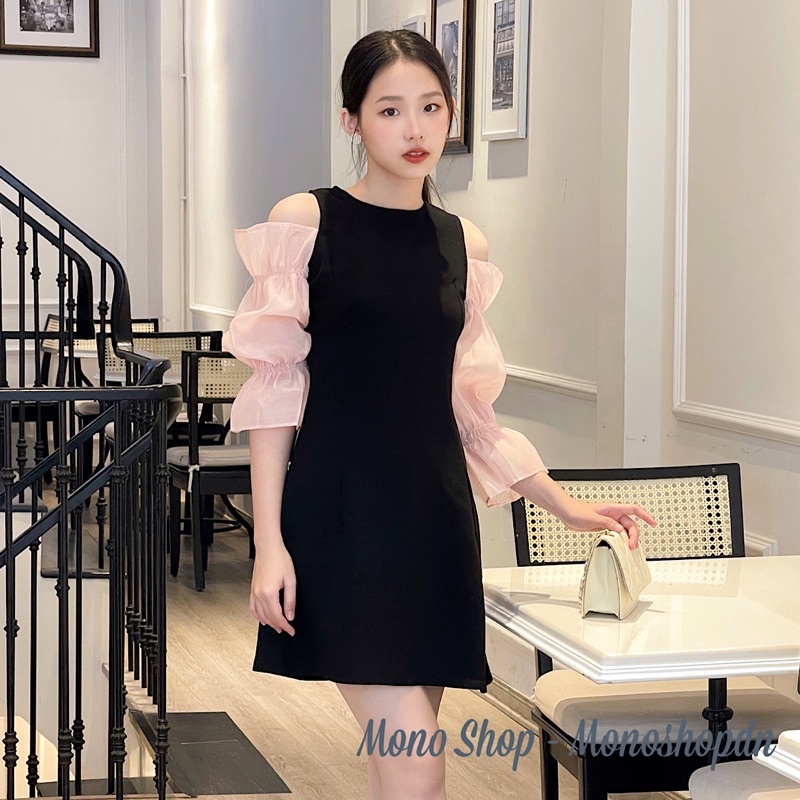 Đầm nhung đen nữ hở vai tay voan hồng dáng xoè nhẹ Ảnh thật/ sẵn | BigBuy360 - bigbuy360.vn