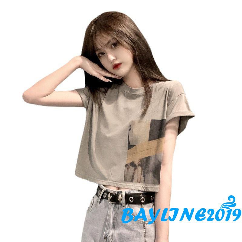 Áo Thun Lửng Tay Ngắn In Hình Trẻ Trung Cho Nữ