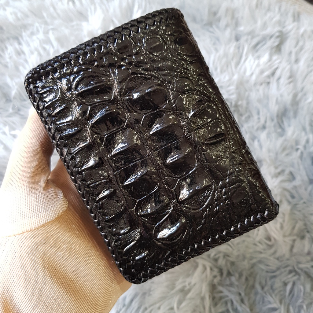 Ví Da Cá Sấu Thủ Công, Gù To | Ví Cá Sấu Đan Viền 2 Mặt |  Màu Nâu Và Đen | Dáng Đứng