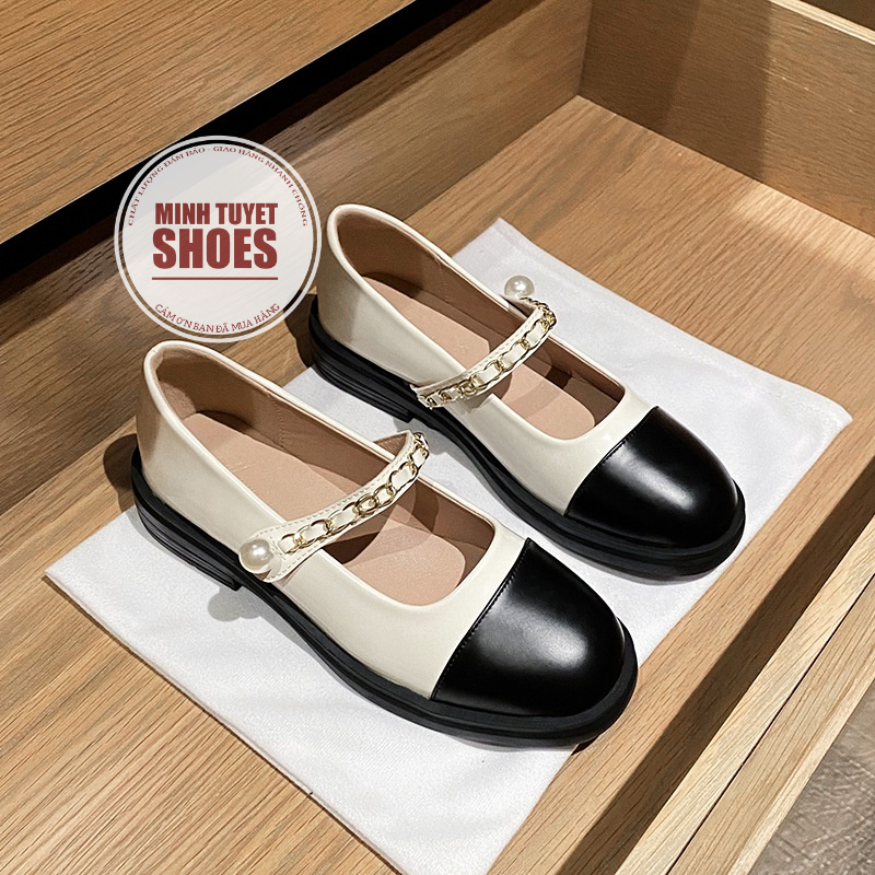giày nữ minhtuyetshoes đế bằng cao 2cm phối màu đen trắng kem mẫu mới phong cách tiểu thư