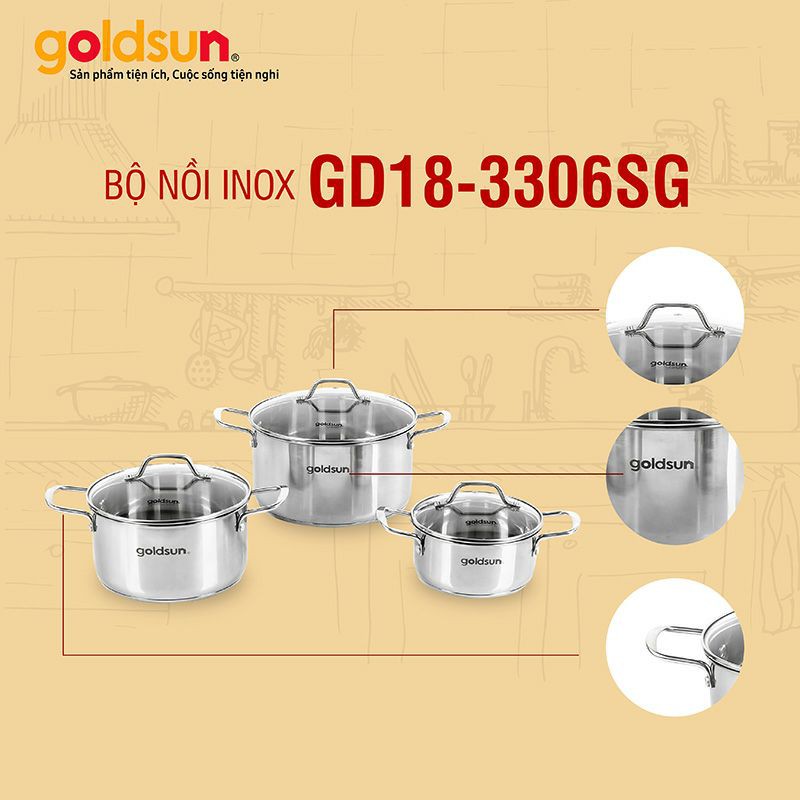 Bộ nồi inox vung kính GD18-3306SG Goldsun được làm bằng inox 430 cao cấp bền đẹp, không gỉ, sáng bóng bền tốt