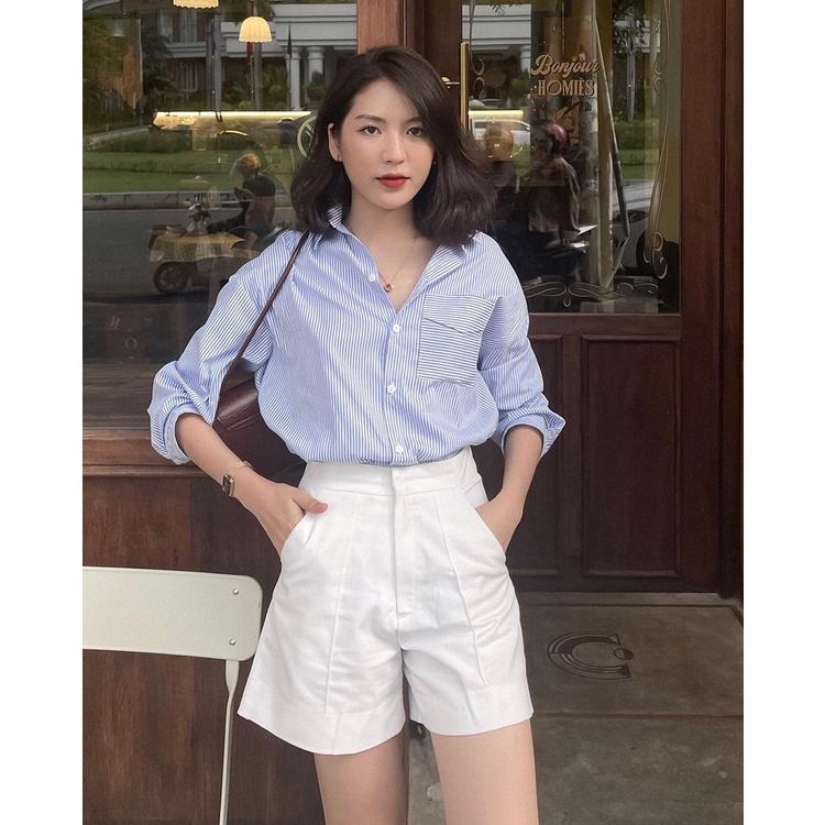 Áo sơ mi kẻ tăm xanh, kiểu áo sơ mi dài tay form rộng