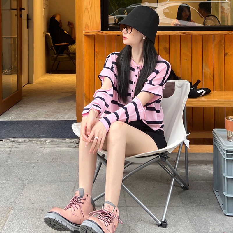 Áo Thun Dệt Kim Mỏng Dáng Rộng Họa Tiết Kẻ Sọc In Chữ Thời Trang Mùa Hè Hàng Mới Dành