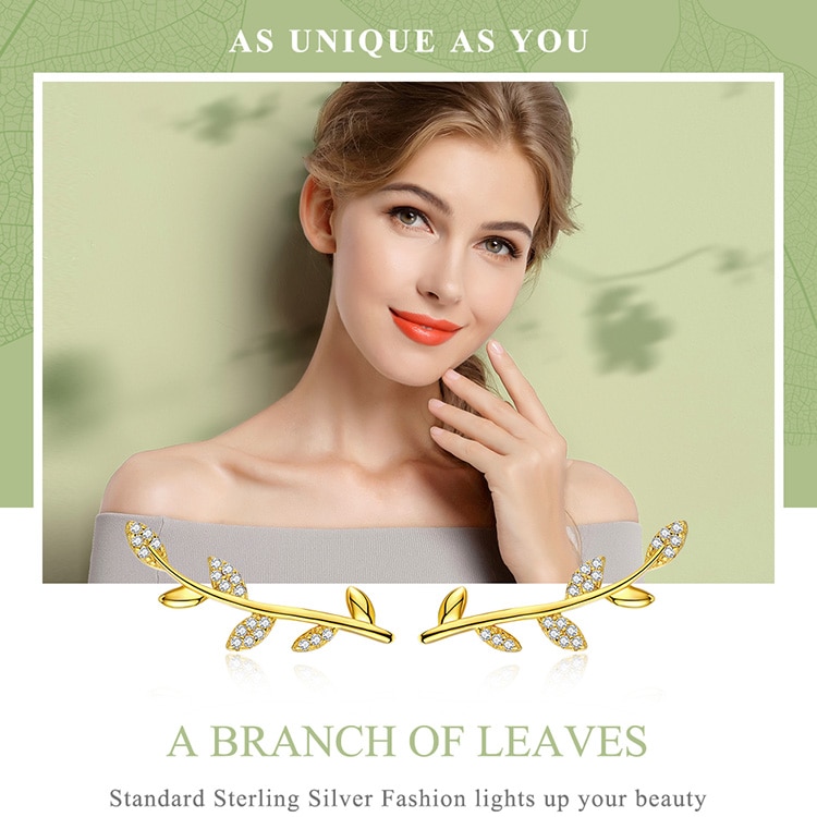 Bông Tai Bamoer SCE556 Bằng Bạc 925 Thật Hình Lá Cây Màu Vàng Đính Đá CZ Cao Cấp Dành Cho Nữ